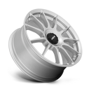 Tilted side view of a Rotiform DTM monoblock cast aluminum 11 spoke automotive wheel in a silver finish with a Rotiform black center cap.