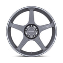 Front view of a 5 Spoke aluminum automotive wheel in a gunmetal grayfinish with Motegi Racing logo center cap
