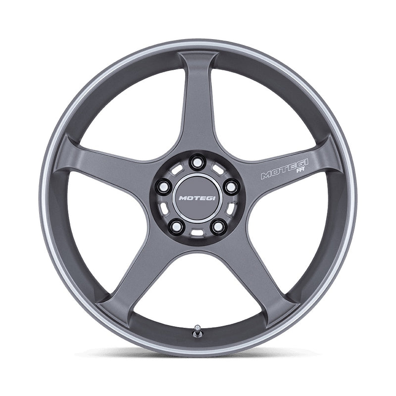 Front view of a 5 Spoke aluminum automotive wheel in a gunmetal grayfinish with Motegi Racing logo center cap