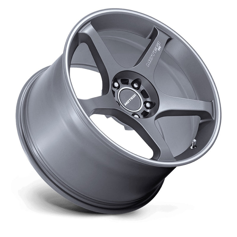 Tilted side view of a 5 spoke aluminum automotive wheel in a gunmetal grayfinish with Motegi Racing logo center cap