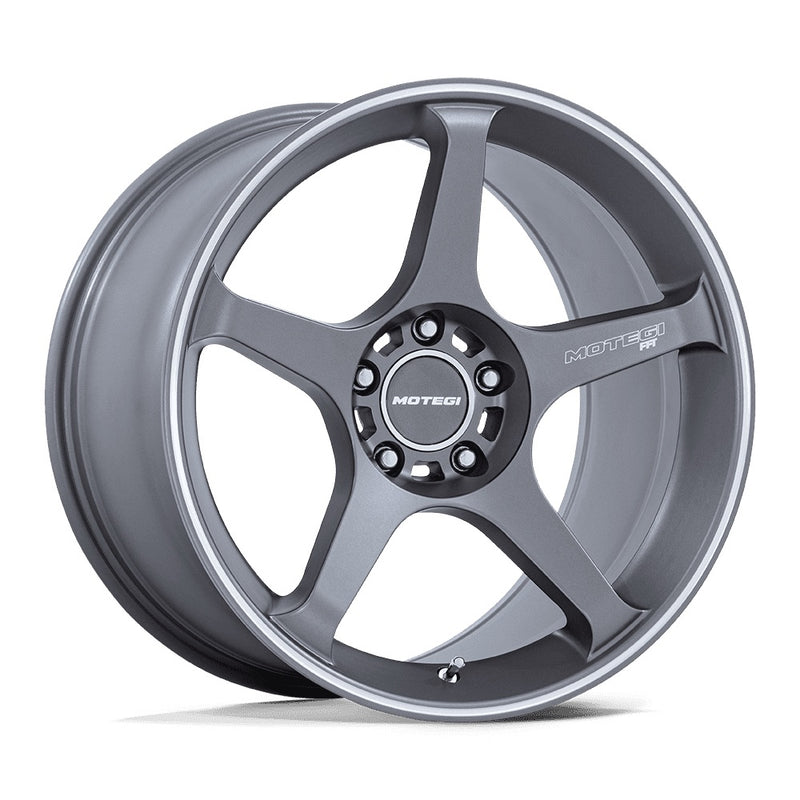 5 Spoke aluminum automotive wheel in a gunmetal grayfinish with Motegi Racing logo center cap