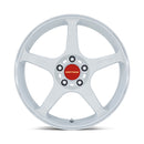 Front view of a 5 spoke aluminum automotive wheel in a white pearl finish with Motegi Racing logo red center cap