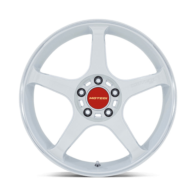 Front view of a 5 spoke aluminum automotive wheel in a white pearl finish with Motegi Racing logo red center cap