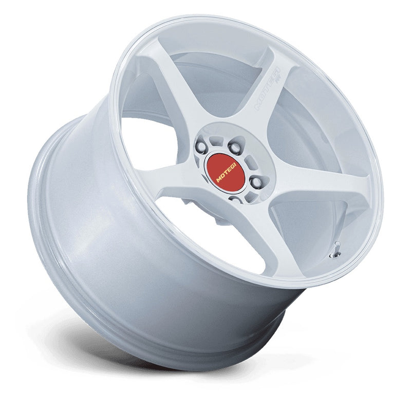 Tilted side view of a 5 Spoke aluminum automotive wheel in a white pearl finish with Motegi Racing logo red center cap