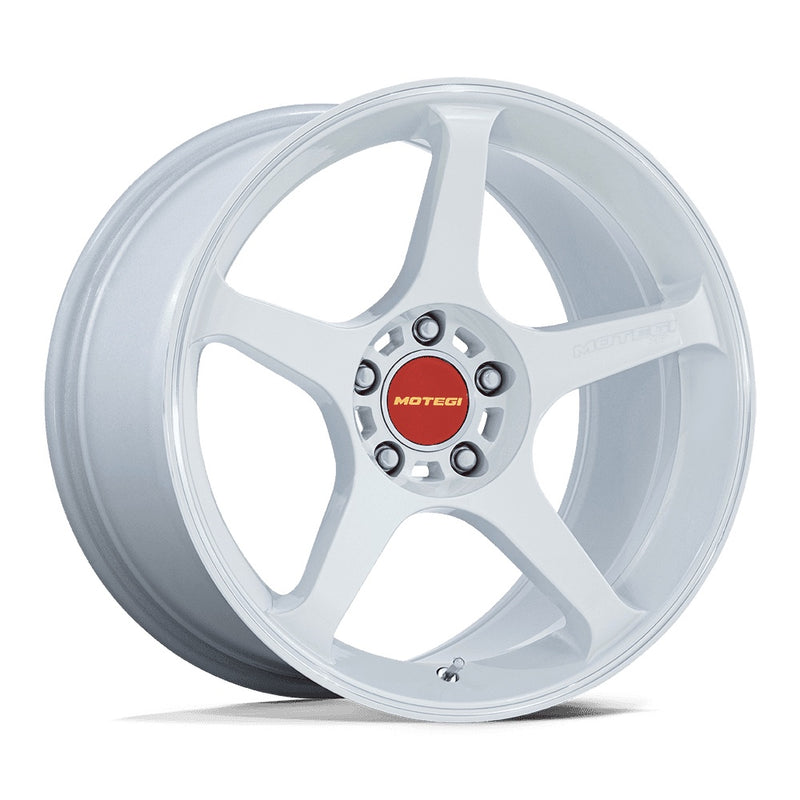 5 Spoke aluminum automotive wheel in a white pearl finish with Motegi Racing logo red center cap