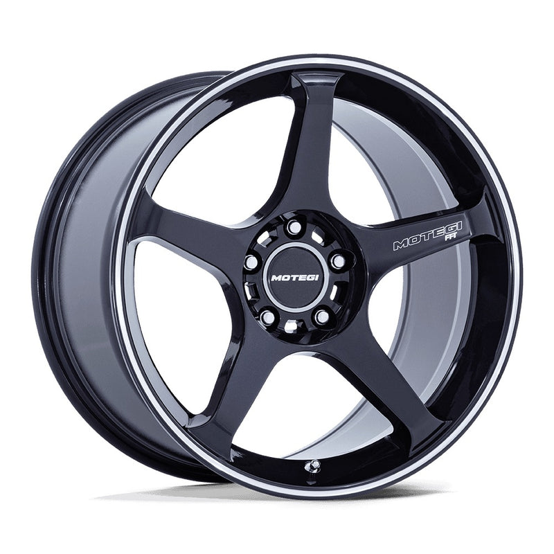 5 Spoke aluminum automotive wheel in a blue finish with Motegi Racing logo center cap