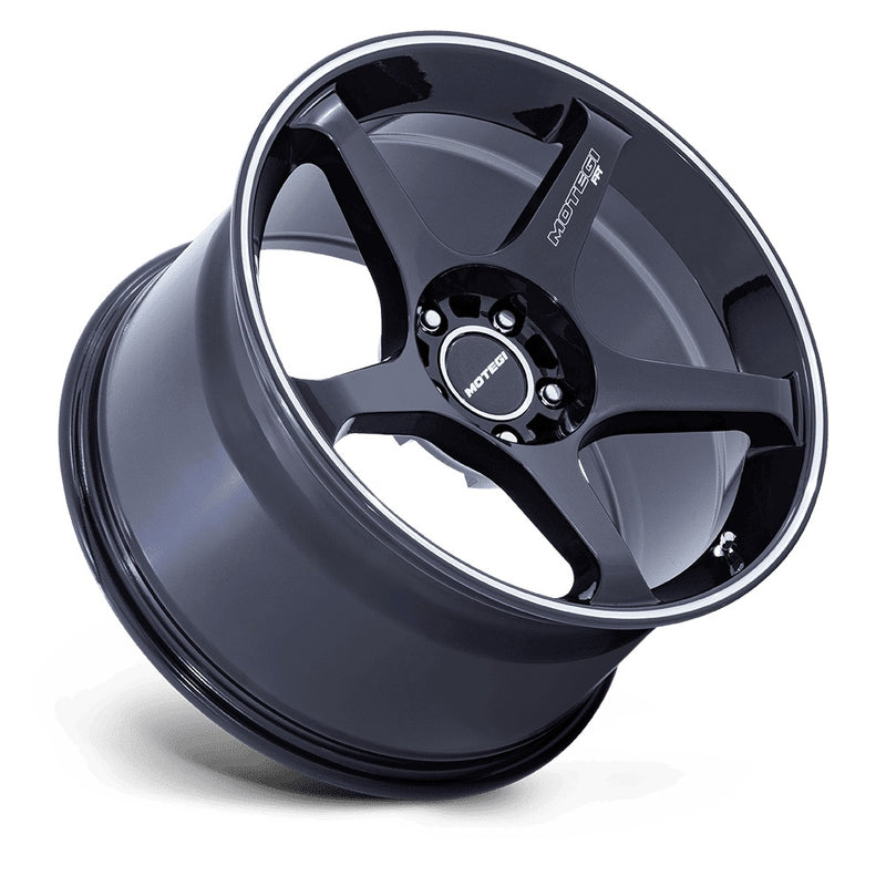 Tilted side view of a 5 spoke aluminum automotive wheel in a blue finish with Motegi Racing logo center cap.