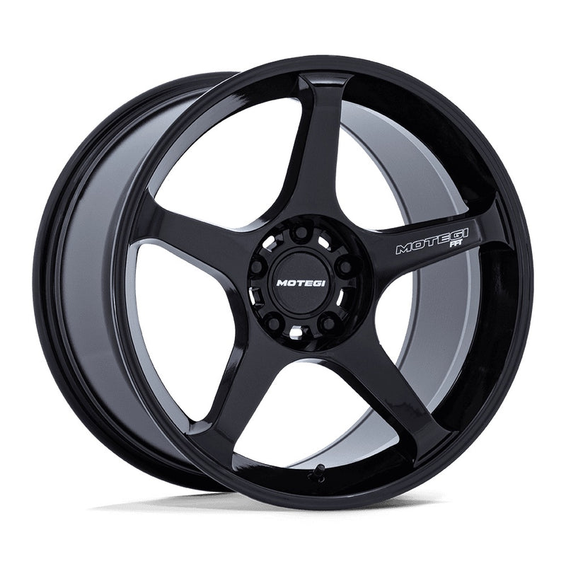 5 Spoke aluminum automotive wheel in a black finish with Motegi Racing logo black center cap