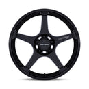 Front view of a 5 spoke aluminum automotive wheel in a black finish with Motegi Racing logo black center cap