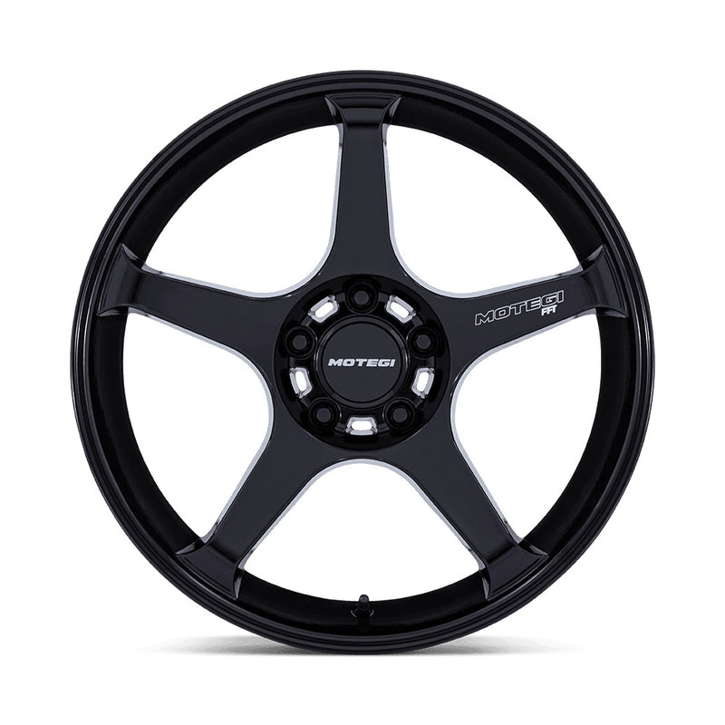 Front view of a 5 spoke aluminum automotive wheel in a black finish with Motegi Racing logo black center cap