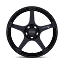 Front view of a 5 spoke aluminum automotive wheel in a black finish with Motegi Racing logo black center cap