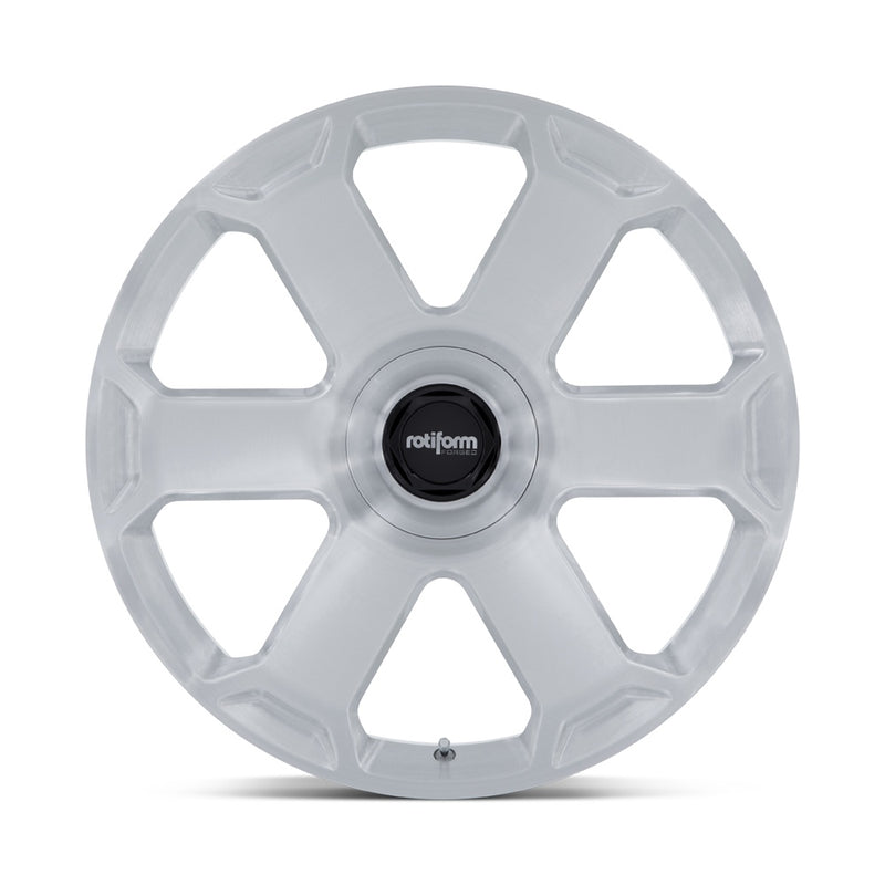 Front view of a Rotiform model AVS automotive wheel in brushed silver with black Rotiform center cap