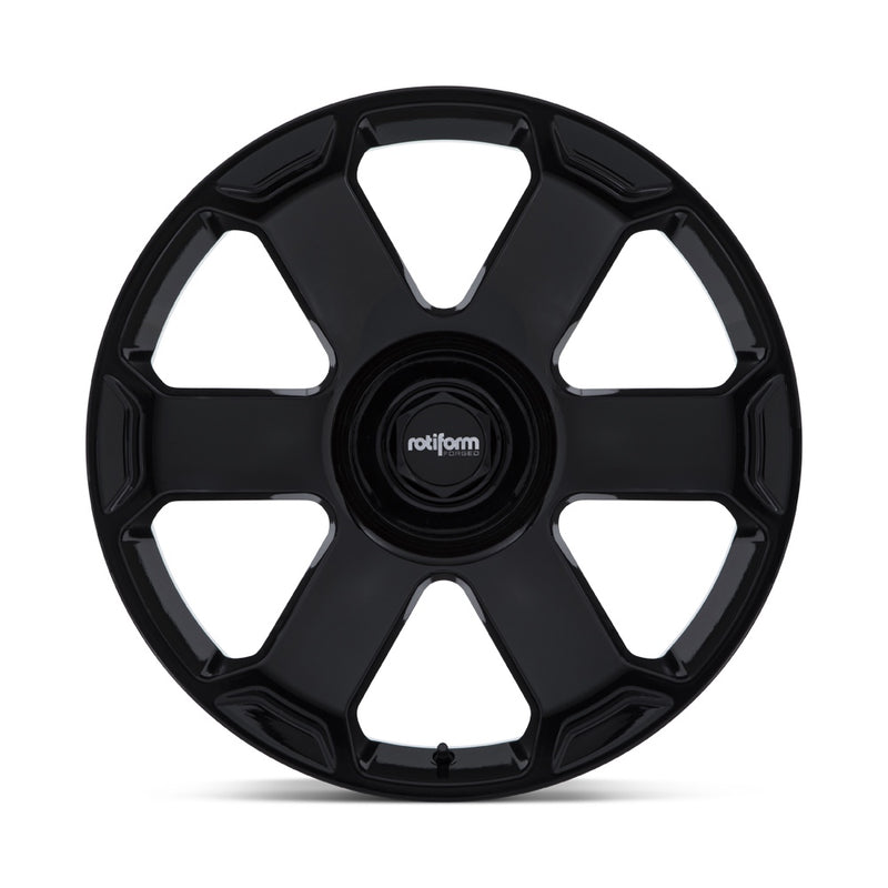 Front view of a Rotiform model AVS automotive wheel in gloss black
