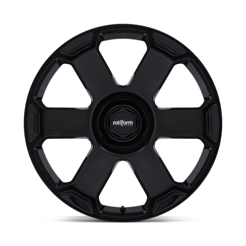 Front view of a Rotiform model AVS automotive wheel in gloss black
