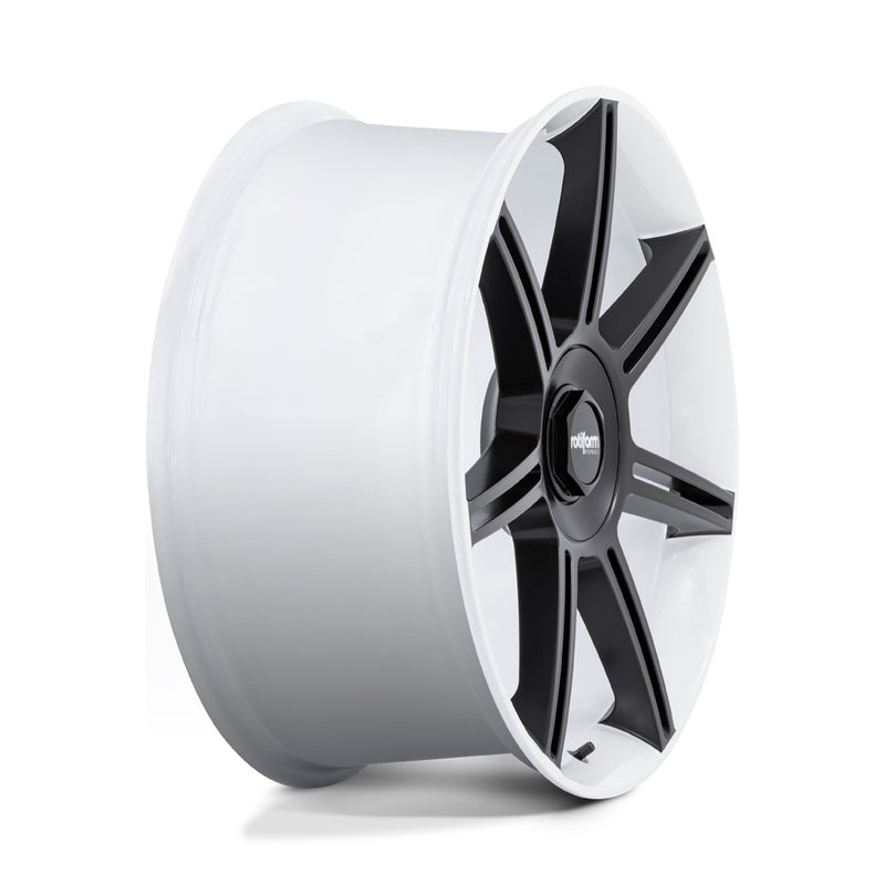 Side View of A Rotiform FRA Gloss White with BlackSpokes Automotive Wheel with Rotiform Logo center cap