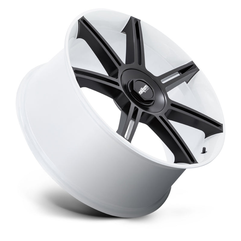 Tilted Side View OF A Rotiform FRA Gloss White with BlackSpokes Automotive Wheel with Rotiform Logo center cap