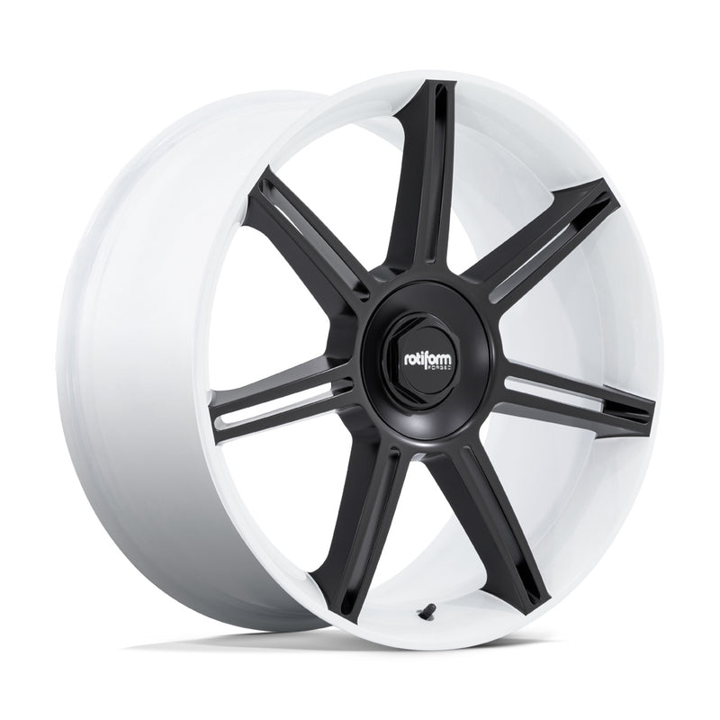 A Rotiform FRA Gloss White with BlackSpokes Automotive Wheel with Rotiform Logo center cap