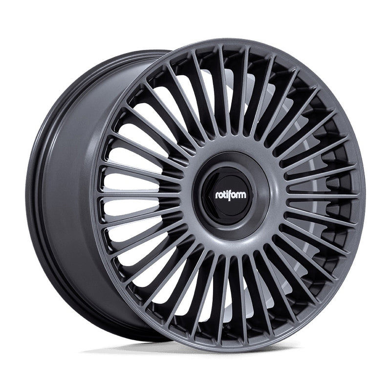 Rotiform multispoke flat face vehicle wheel in a matte anthracite finish with black and silver Rotiform logo center cap.