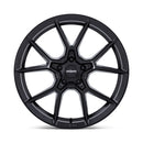 Front view of a Rotiform KPR Satin Black Car Wheel with black center cap with silver Rotiform logo.