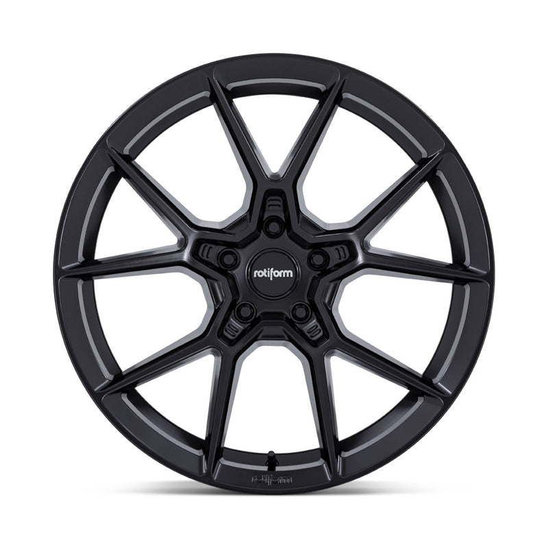 Front view of a Rotiform KPR Satin Black Car Wheel with black center cap with silver Rotiform logo.