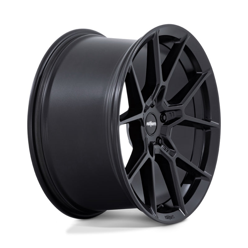 Side view of a Rotiform KPR Satin Black Car Wheel with black center cap with silver Rotiform logo.