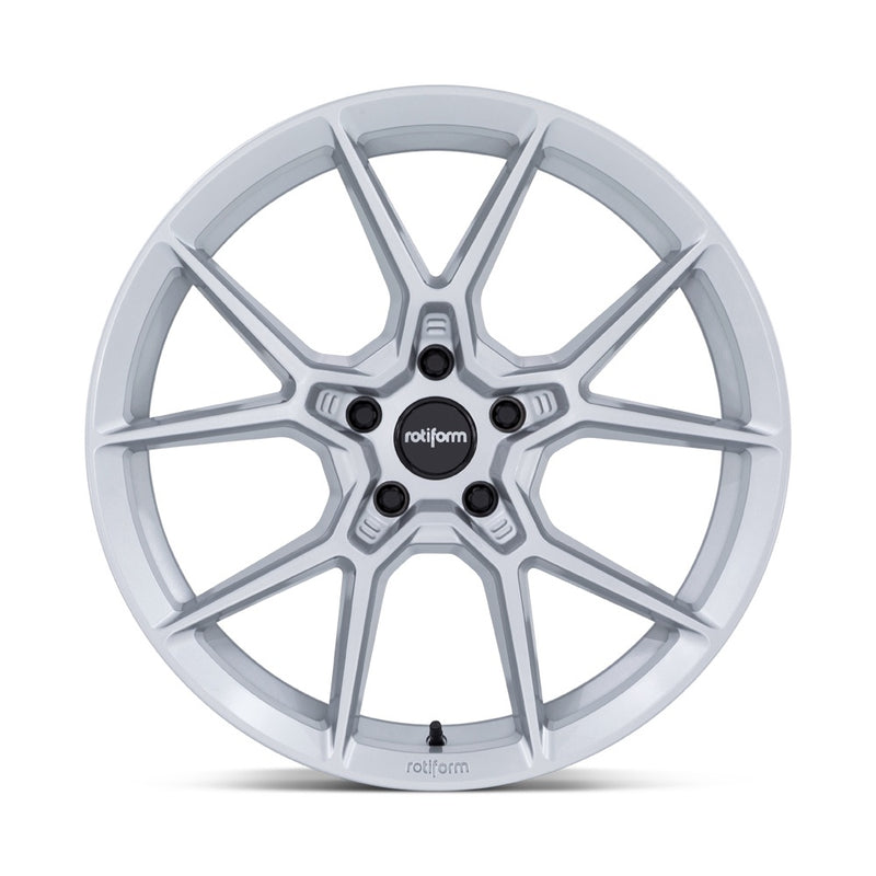 Front view of a Rotiform KPR Silver Automotive Wheel with black center cap with silver Rotiform logo and 5 black lug bolts.