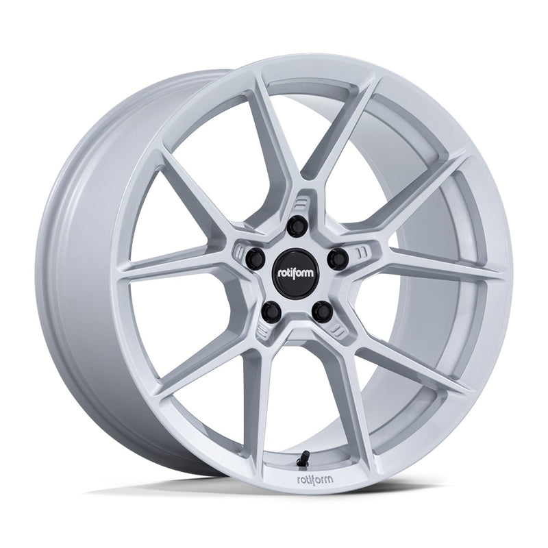 Rotiform KPR Silver Automotive Wheel with black center cap with silver Rotiform logo and 5 black lug bolts.