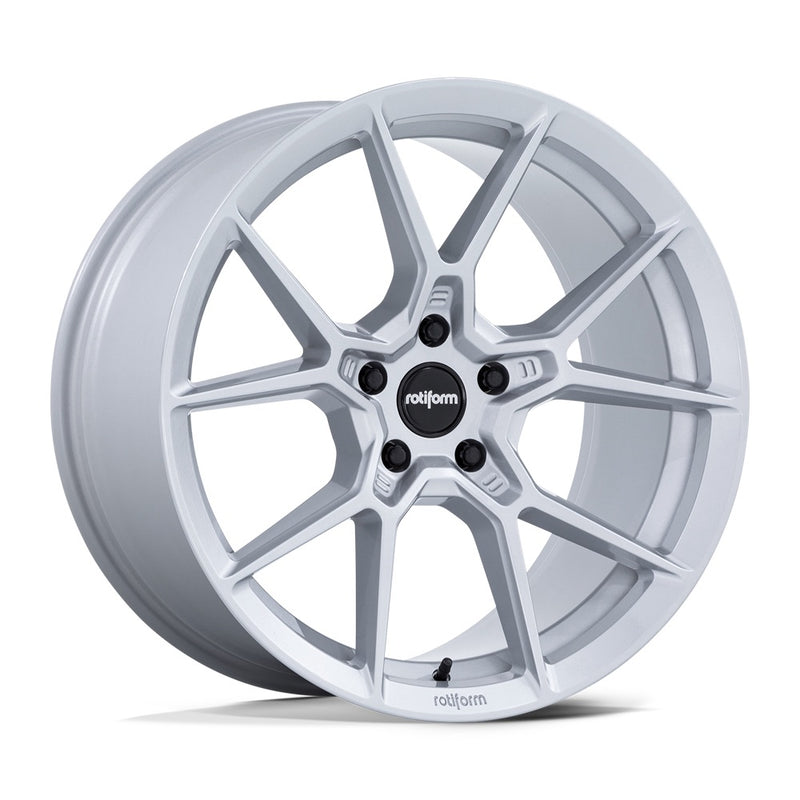 Rotiform KPR Silver Car Wheel with black center cap with silver Rotiform logo and 5 black lug bolts.