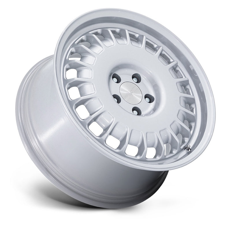 Tilted side view of a Rotiform PMF model road wheel in a gloss silver color