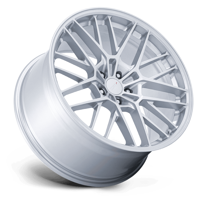 Tilted side view of TSW model Daytona vehicle wheel in gloss silver with split spoke design.