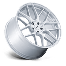 Tilted side view of a TSW Lasarathe 7 Y spoke vehicle aluminum wheel in a gloss silver machined finish.
