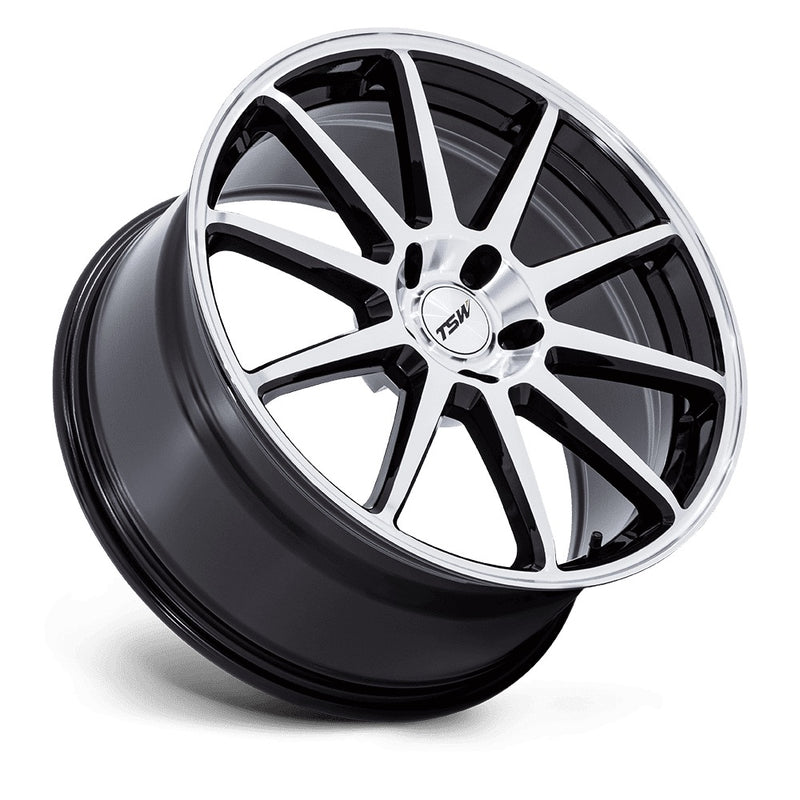 Tilted side view of TSW's Canard vehicle wheel in a gloss black with machined face finish and TSW logo center cap.