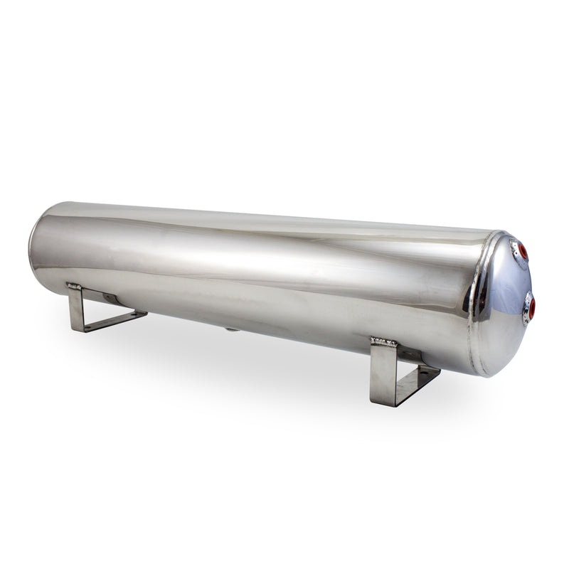 Side view of a n Air Lift Performance lightweight stainless steel air tank showing end ports.