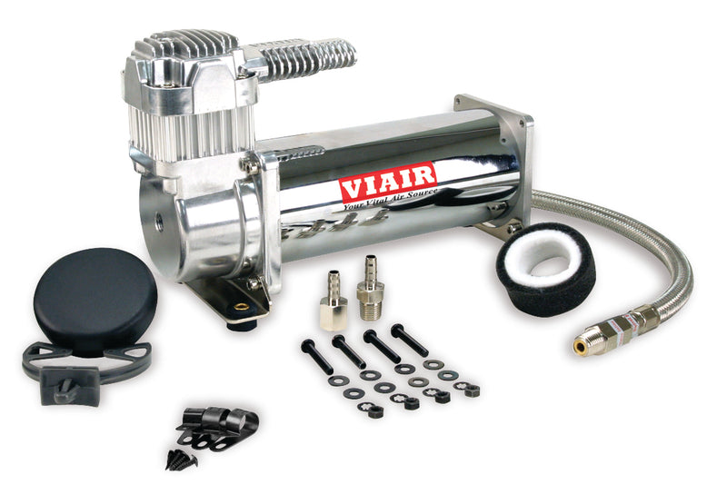 VIAIR chrome compressor with braided leader hose and installation fittings.