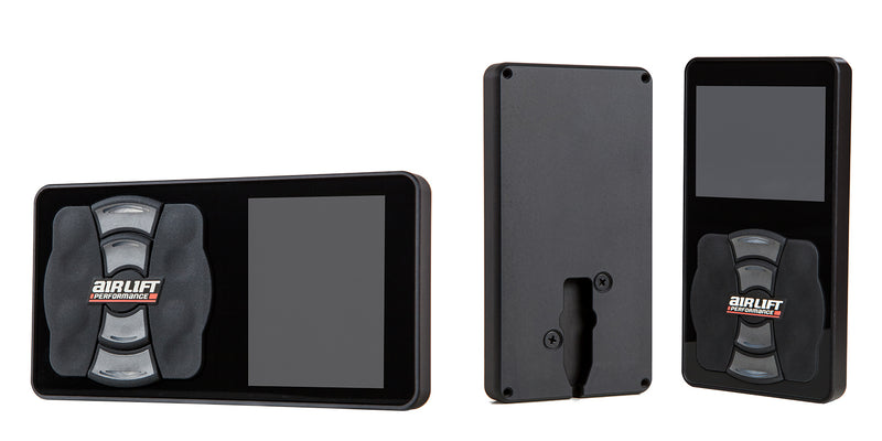 The backside of the Air Lift Performance's 3H/3P air management system’s digital display controller showing the mounting slot, along with a vertical and horizontal view of the display controller showing it can be mounted in either orientation.