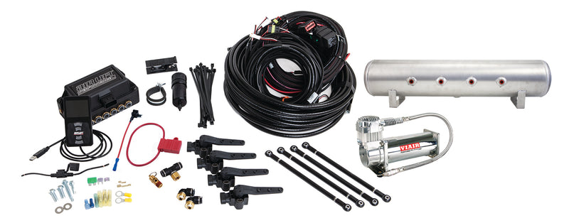Air Lift Performance 3H/3P air management system components: integrated ECU +manifold, digital display controller, wiring harnesses, air line, water filter and fitting hardware.