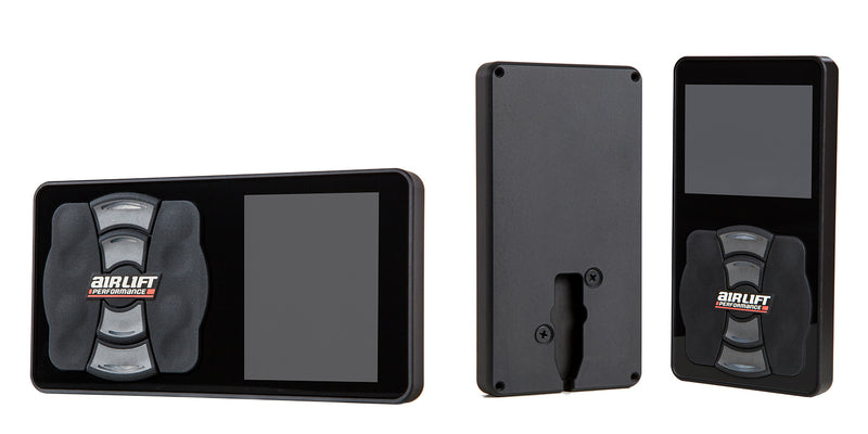  The backside of the Air Lift Performance's 3H/3P air management system’s digital display controller showing the mounting slot, along with a vertical and horizontal view of the display controller showing it can be mounted in either orientation.