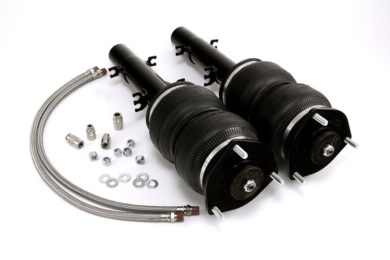 A pair of Air Lift Performance SLAM valved struts with anodized aluminum accented double bellows springs, powdercoated gloss black steel brackets,  braided stainless steel leader hoses and fittings. Air suspension kit part