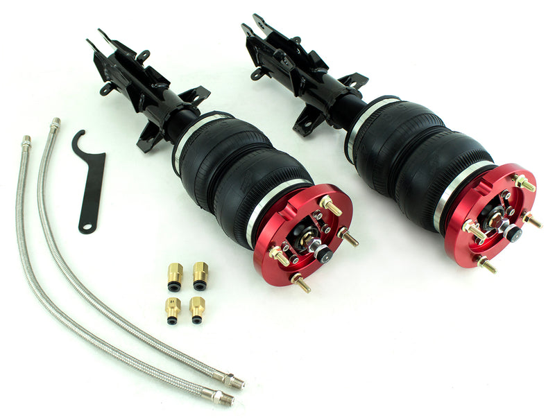 A pair of Air Lift Performance anodized red aluminum accented threaded monotube struts with double bellows progressive rate air springs with adjustable camber plates and powdercoated gloss black steel mounting brackets. A pair of braided stainless steel leader hoses and fittings.  Air suspension kit part