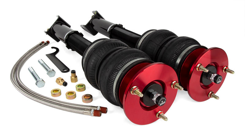 A pair of Air Lift Performance red accented threaded mono struts with double bellows progressive air springs along with mounting brackets, braided stainless steel leader hoses and fitting hardware. Air suspension part