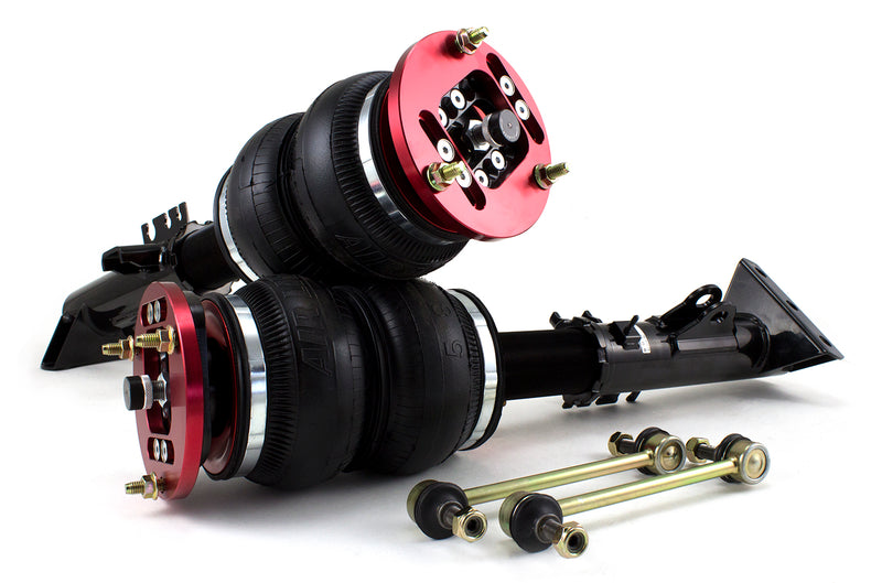 A pair of Air Lift Performance red accented monotube shocks with double bellows progressive rate air springs with adjustable camber plates, powdercoated gloss black steel brackets and a pair of sway bar endlinks. Air suspension kit part