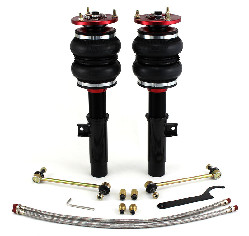 A pair of Air Lift Performance red accented threaded monotube struts with double bellows progressive rate air springs, adjustable camber plates and red anodized aluminum upper mounts. Sway bar endlinks, braided stainless steel leader hoses and fittings. Air suspension kit part