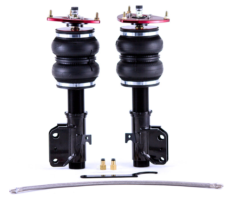 A pair of Air Lift Performance anodized red aluminum accented monotube struts with double bellows progressive rate air springs, adjustable camber plates and powdercoated gloss black steel brackets. A pair of braided stainless steel leader hoses and fittings. Air suspension kit part