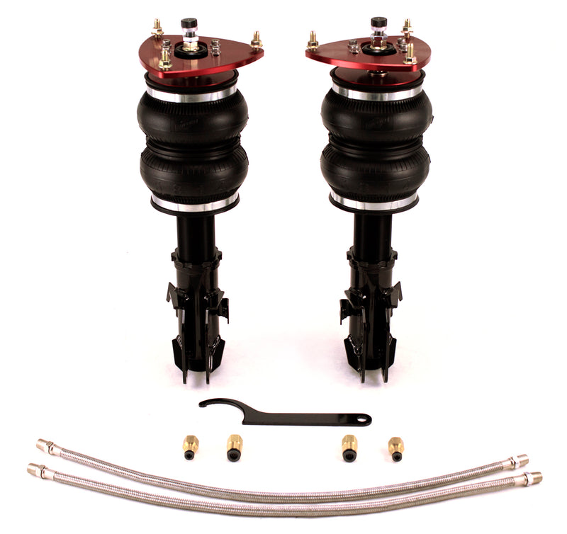 A pair of Air Lift Performance anodized red aluminum accented monotube struts with double bellows progressive rate air springs, adjustable front camber plates and powdercoated gloss black steel brackets. A pair of braided stainless steel leader hoses and fittings.   Air suspension kit part