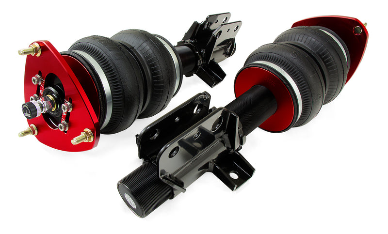 A pair of Air Lift Performance anodized red aluminum accented monotube struts with double bellows progressive rate air springs with adjustable front camber plates and powdercoated gloss black mounting brackets.  Air suspension kit part