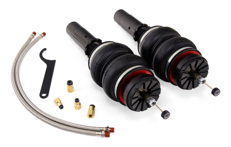 A pair of Air Lift Performance red accented threaded body air-over shocks with double bellows progressive rate air springs along with stainless steel leader hoses.  Air suspension kit part