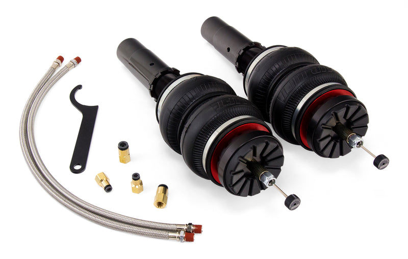 A pair of Air Lift Performance red accented threaded body air-over shocks with double bellows progressive rate air springs along with stainless steel leader hoses. Air suspension kit part