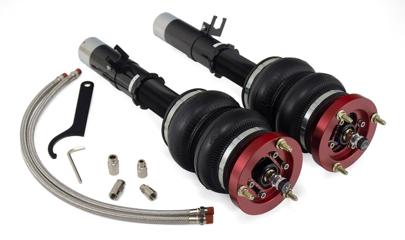 A pair of Air Lift Performance red accented high performance threaded monotube struts with anodized aluminum accented double bellows progressive rate air springs with bolt-in camber plates, pair of braided stainless steel leader hoses and fittings. Air suspension kit part