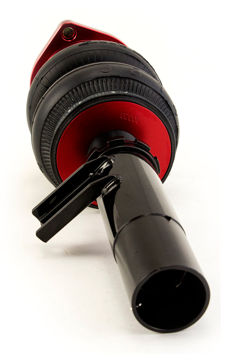 An Air Lift Performance anodized red aluminum accented threaded body air-over monotube shocks with double bellows progressive rate air spring, adjustable front camber plate and powdercoated gloss black steel bracket.  Air suspension kit part
