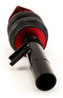 An Air Lift Performance anodized red aluminum accented threaded body air-over monotube shock with double bellows progressive rate air spring, adjustable front camber plate and powdercoated gloss black steel bracket.  Air suspension kit part